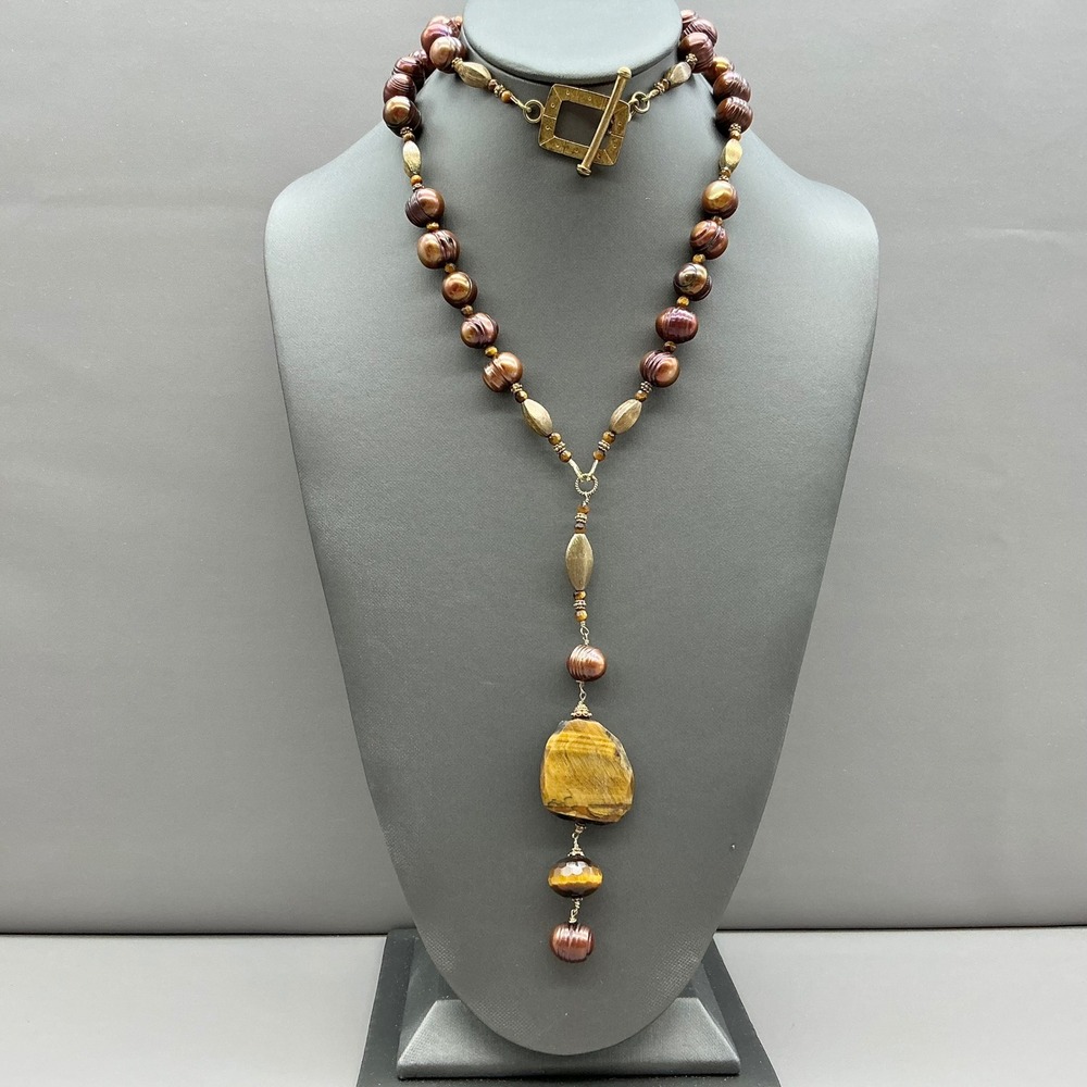 Necklace Baroque Pearl Tigers Eye Vermeil Multi Strand Statement Pendant 24"